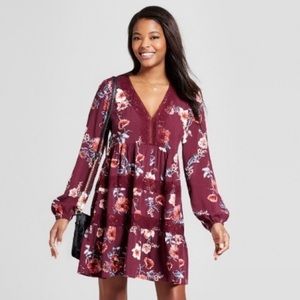 Red Floral Boho Babydoll Mini Flare Lace Dress